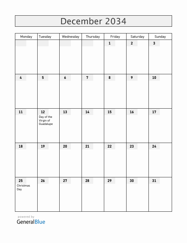 Mexico December 2034 Calendar with Holidays