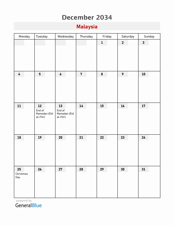 Malaysia December 2034 Calendar with Holidays