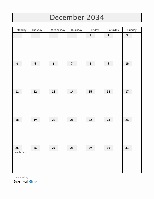 Mozambique December 2034 Calendar with Holidays