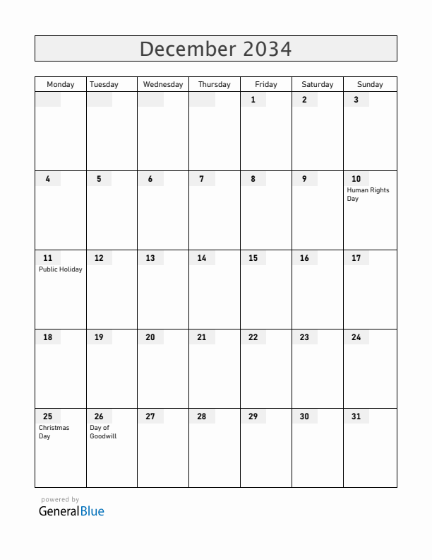 Namibia December 2034 Calendar with Holidays