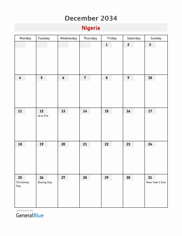 Nigeria December 2034 Calendar with Holidays