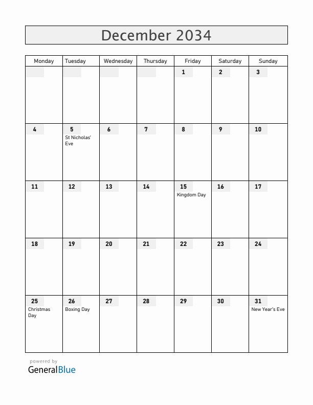 The Netherlands December 2034 Calendar with Holidays