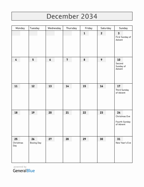 Norway December 2034 Calendar with Holidays