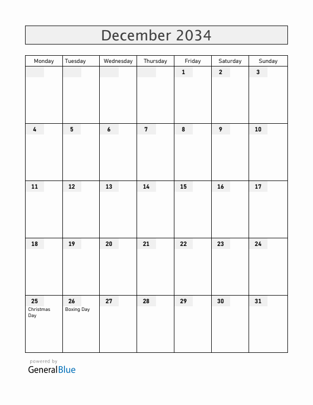 New Zealand December 2034 Calendar with Holidays