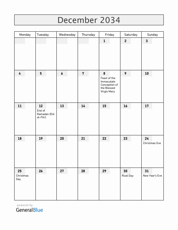 Philippines December 2034 Calendar with Holidays