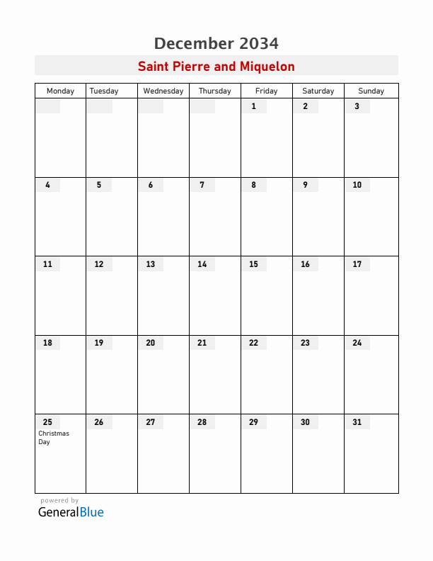 Saint Pierre and Miquelon December 2034 Calendar with Holidays
