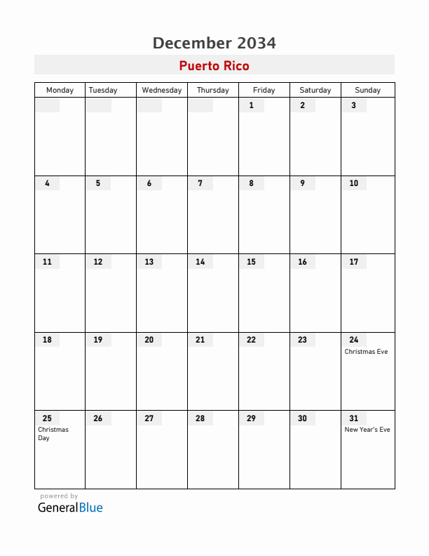 Puerto Rico December 2034 Calendar with Holidays