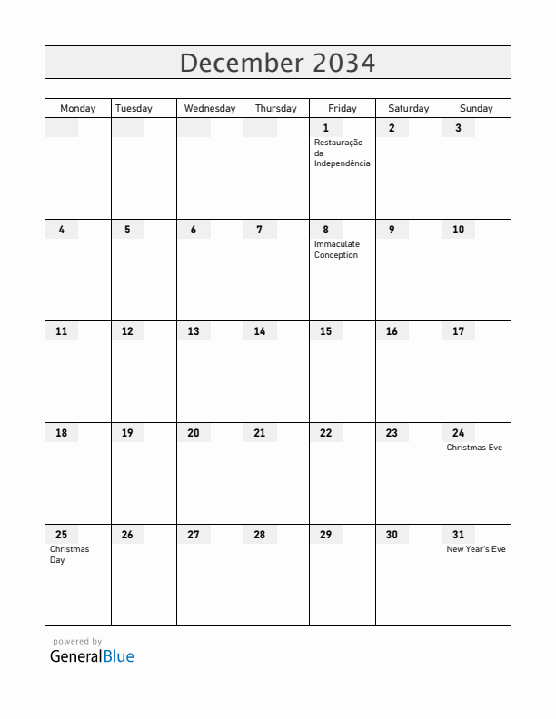 Portugal December 2034 Calendar with Holidays