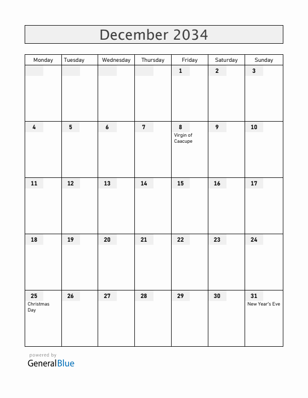 Paraguay December 2034 Calendar with Holidays