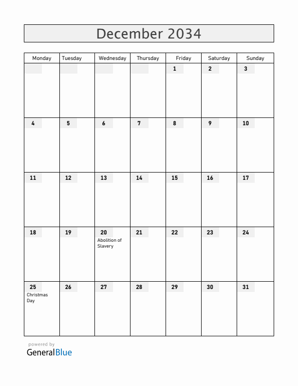 Reunion December 2034 Calendar with Holidays