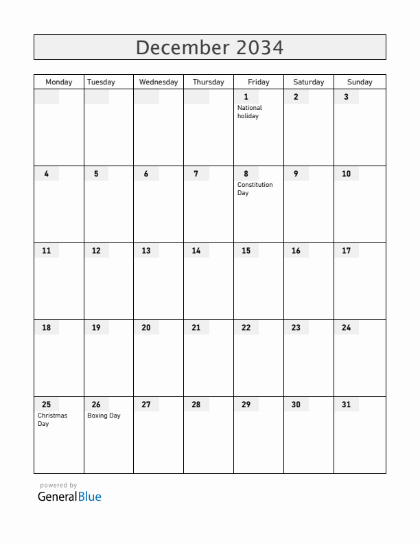 Romania December 2034 Calendar with Holidays