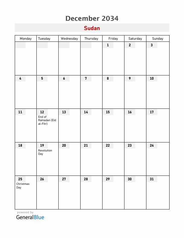 Sudan December 2034 Calendar with Holidays