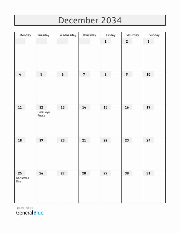 Singapore December 2034 Calendar with Holidays