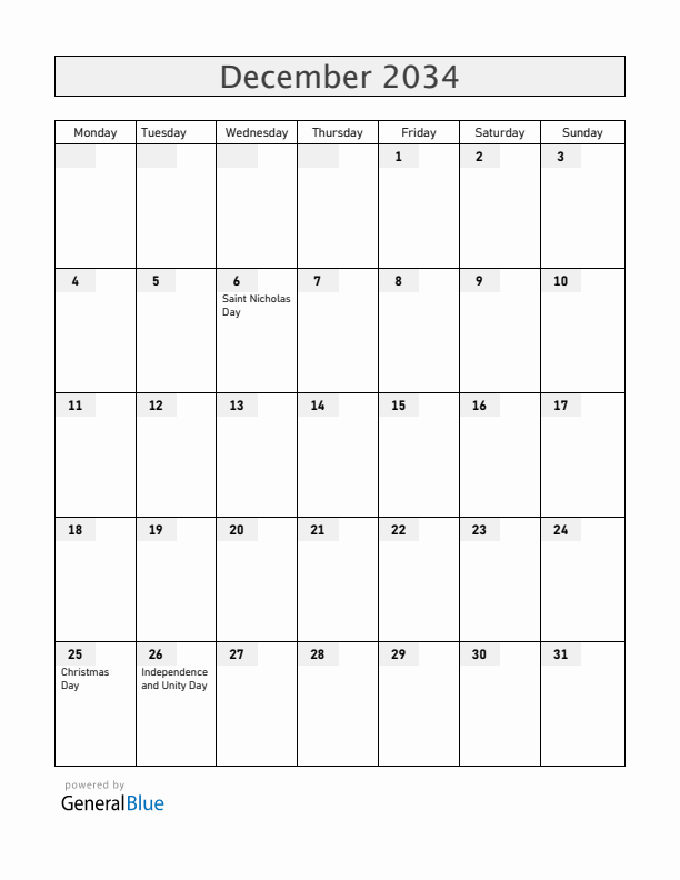 Slovenia December 2034 Calendar with Holidays