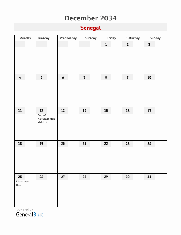 Senegal December 2034 Calendar with Holidays