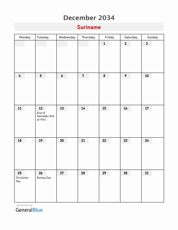 Suriname December 2034 Calendar with Holidays