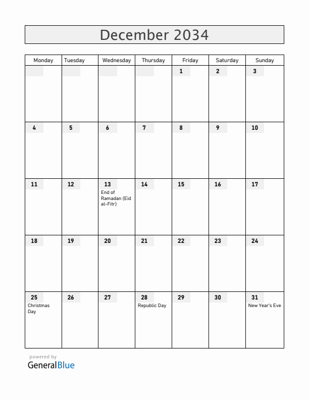 South Sudan December 2034 Calendar with Holidays