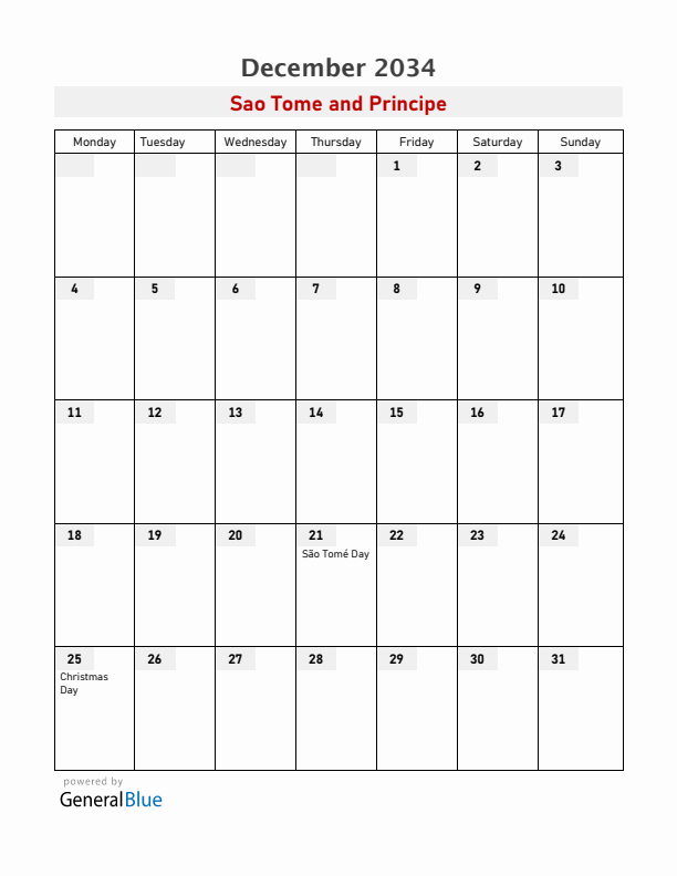 Sao Tome and Principe December 2034 Calendar with Holidays