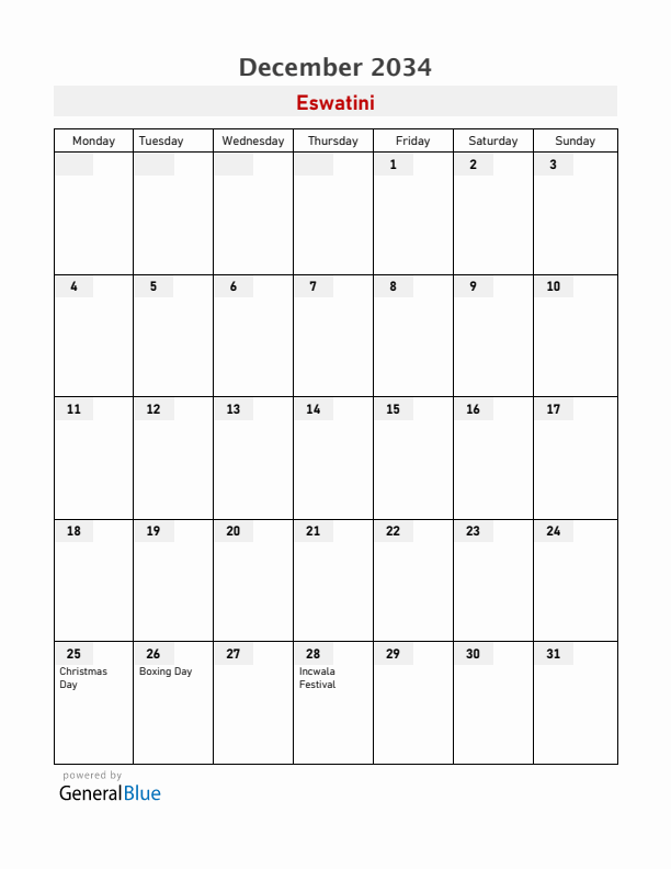 Eswatini December 2034 Calendar with Holidays
