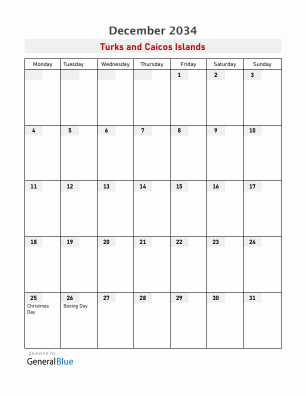 Turks and Caicos Islands December 2034 Calendar with Holidays