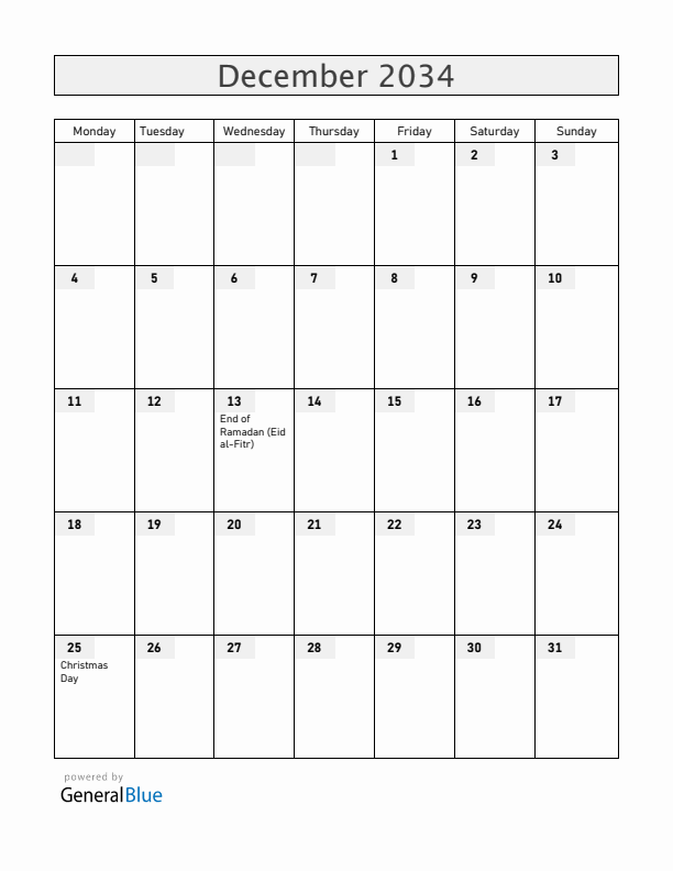 Togo December 2034 Calendar with Holidays