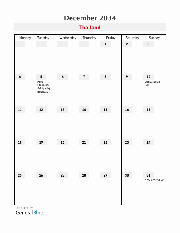 Thailand December 2034 Calendar with Holidays