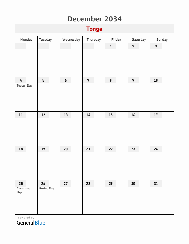 Tonga December 2034 Calendar with Holidays