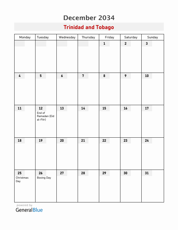 Trinidad and Tobago December 2034 Calendar with Holidays