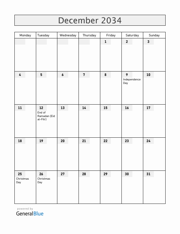 Tanzania December 2034 Calendar with Holidays
