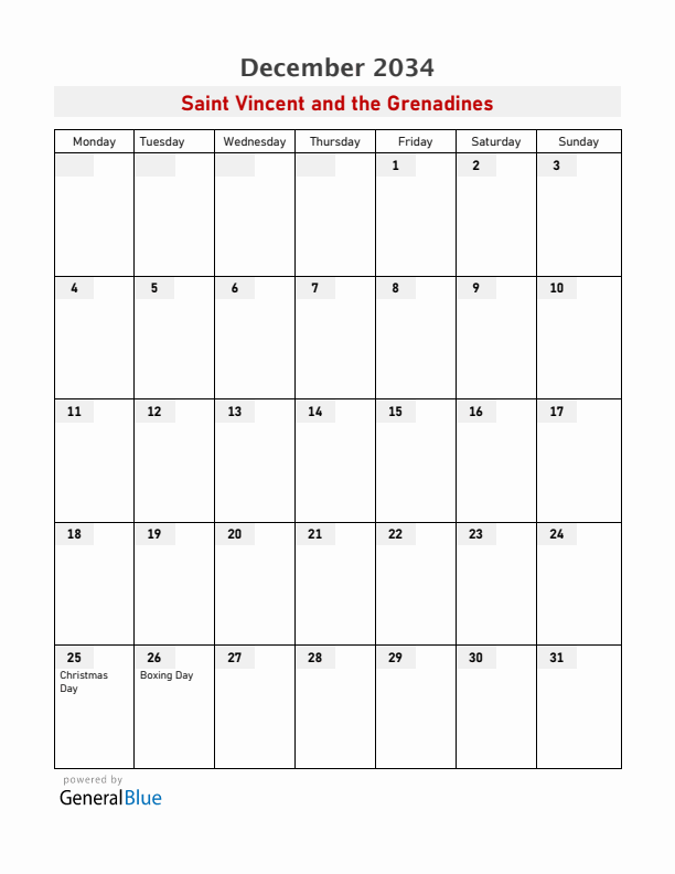 Saint Vincent and the Grenadines December 2034 Calendar with Holidays