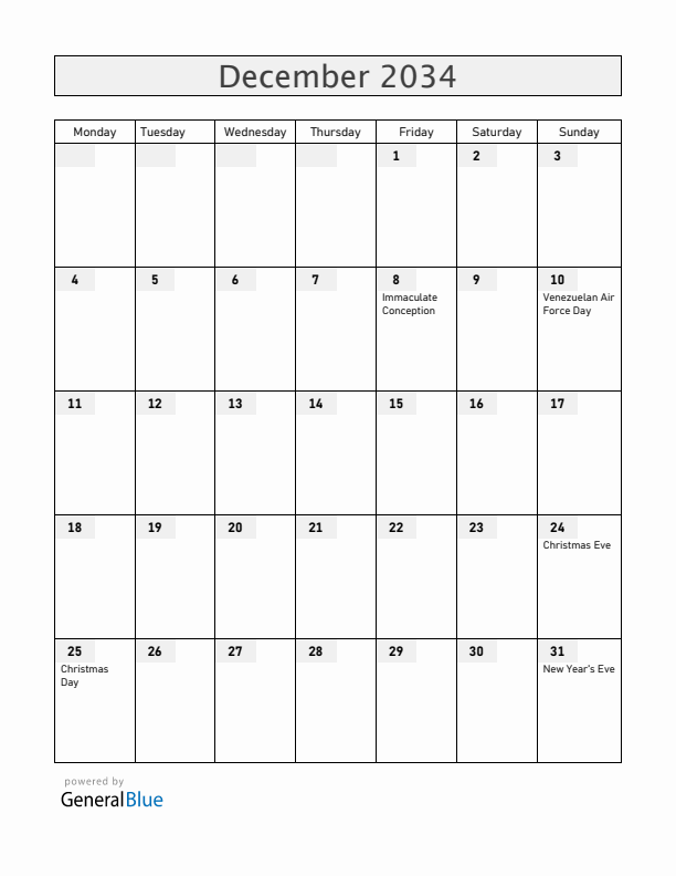 Venezuela December 2034 Calendar with Holidays