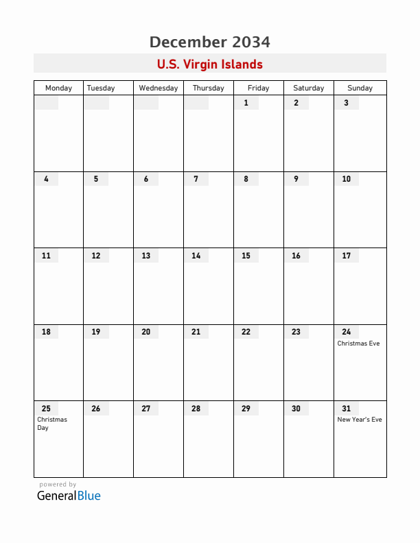 U.S. Virgin Islands December 2034 Calendar with Holidays