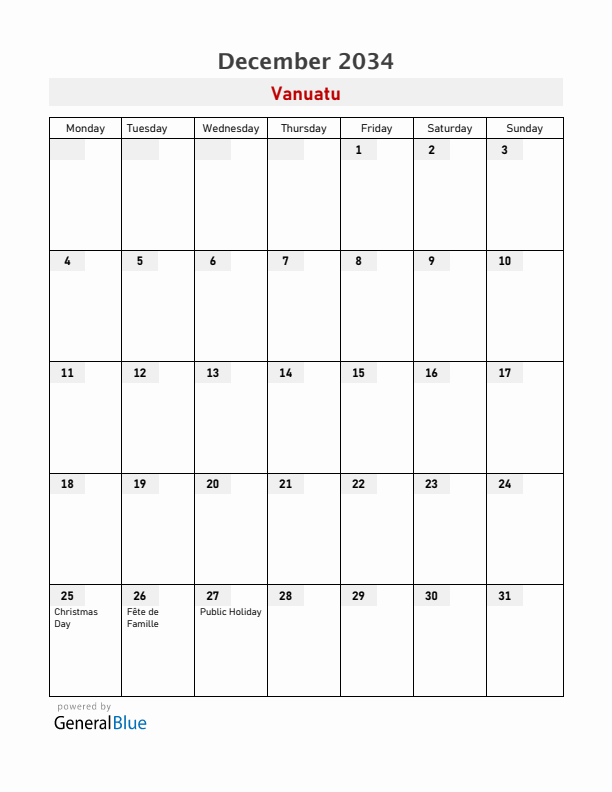 Vanuatu December 2034 Calendar with Holidays
