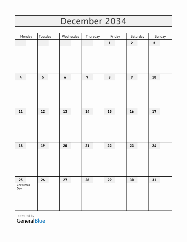 Zambia December 2034 Calendar with Holidays