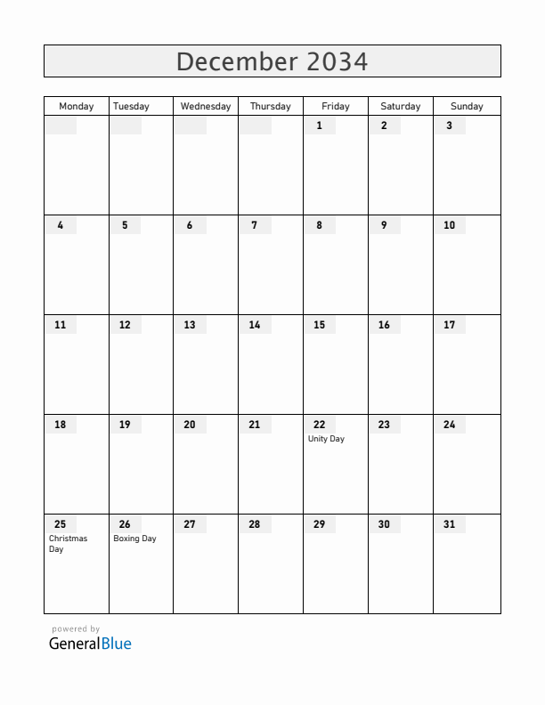Zimbabwe December 2034 Calendar with Holidays