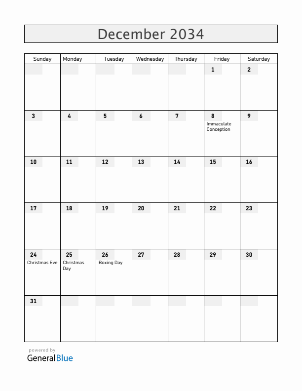 Andorra December 2034 Calendar with Holidays