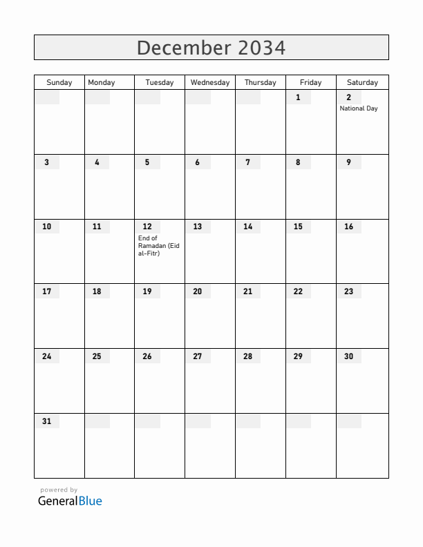 United Arab Emirates December 2034 Calendar with Holidays