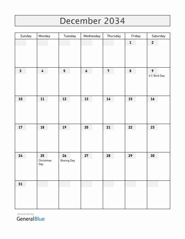 Antigua and Barbuda December 2034 Calendar with Holidays