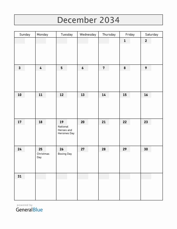 Anguilla December 2034 Calendar with Holidays