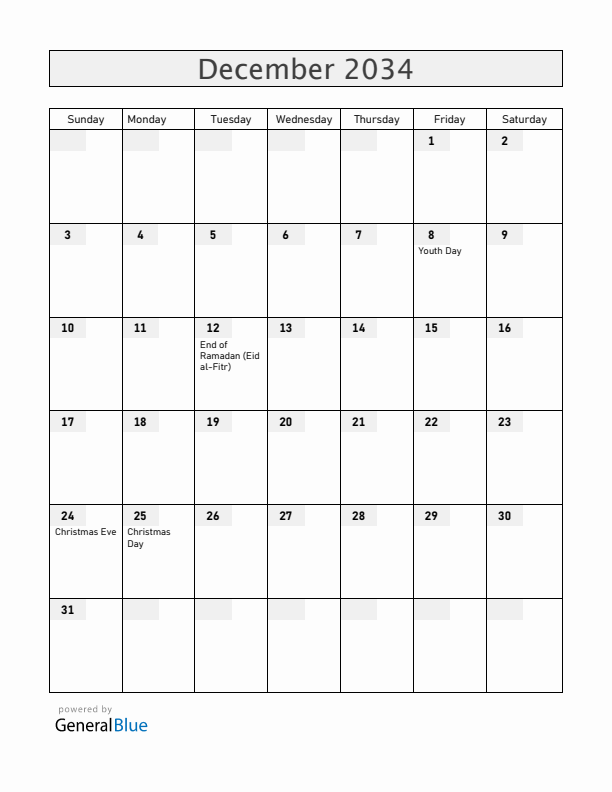 Albania December 2034 Calendar with Holidays