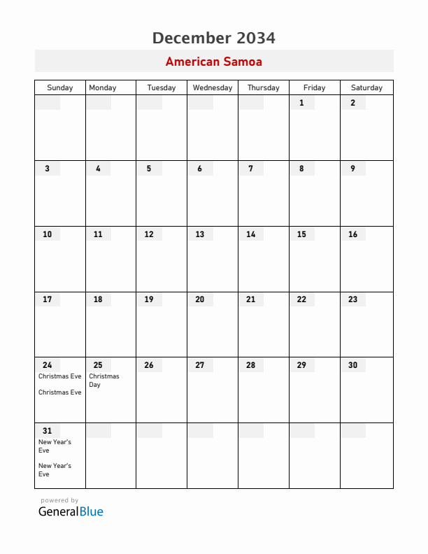 American Samoa December 2034 Calendar with Holidays