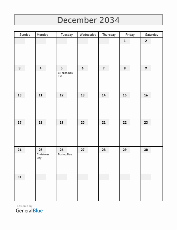 Aruba December 2034 Calendar with Holidays