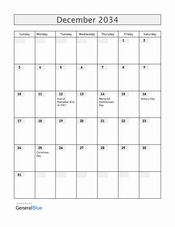 Bangladesh December 2034 Calendar with Holidays