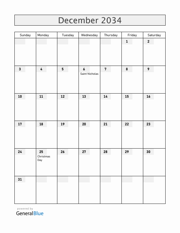 Belgium December 2034 Calendar with Holidays