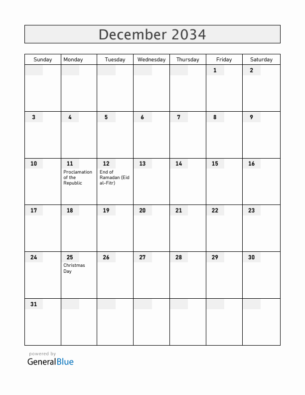 Burkina Faso December 2034 Calendar with Holidays