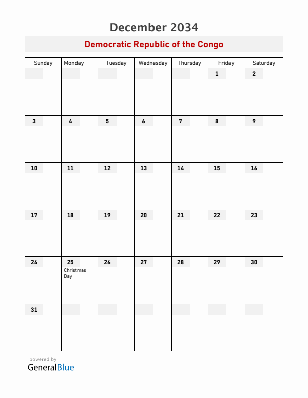 Democratic Republic of the Congo December 2034 Calendar with Holidays