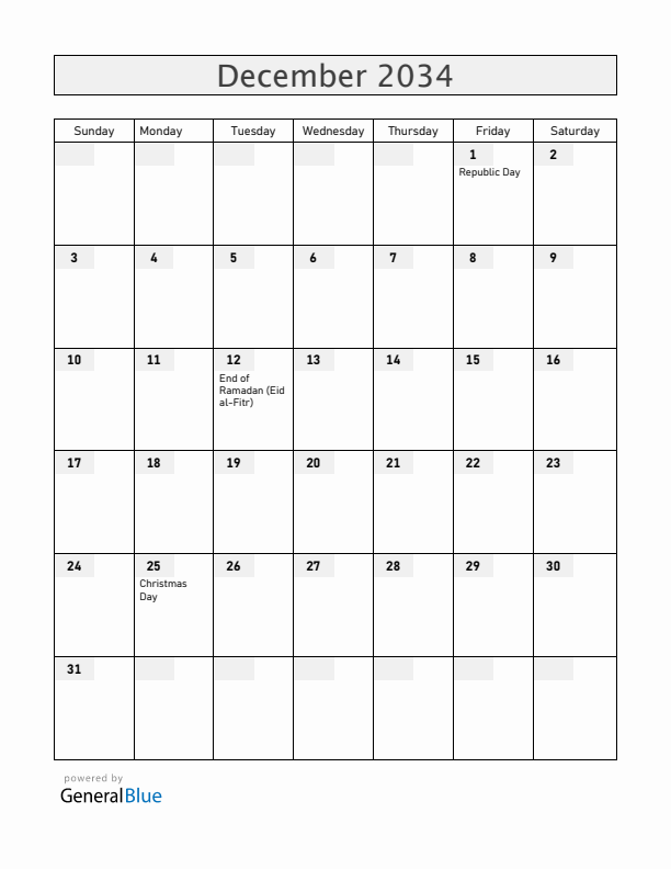 Central African Republic December 2034 Calendar with Holidays