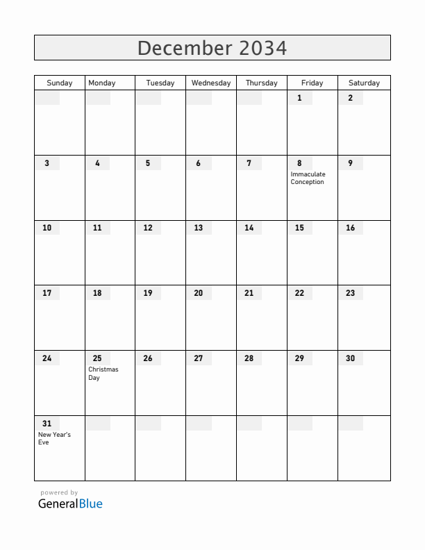 Chile December 2034 Calendar with Holidays