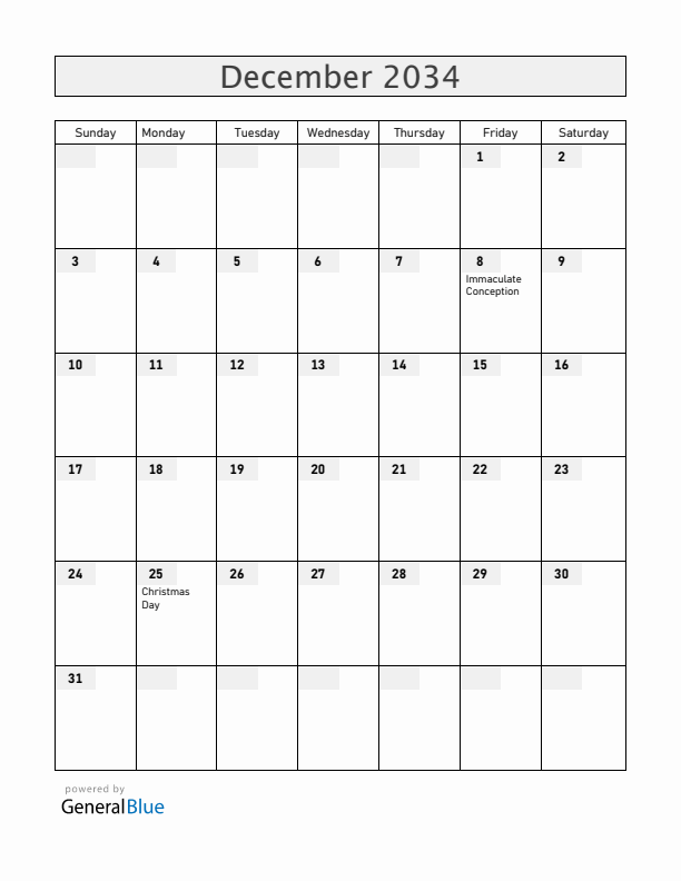Colombia December 2034 Calendar with Holidays