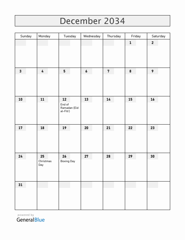 Christmas Island December 2034 Calendar with Holidays